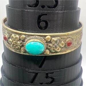 Vintage Tibetan Brass Cuff Bracelet Bue and Red Stones Dragon Etching Artisan